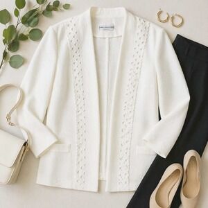 Pablo Collection Cream Open Front Blazer Eyelet Trim Sz 18 USA Made Vintage Chic